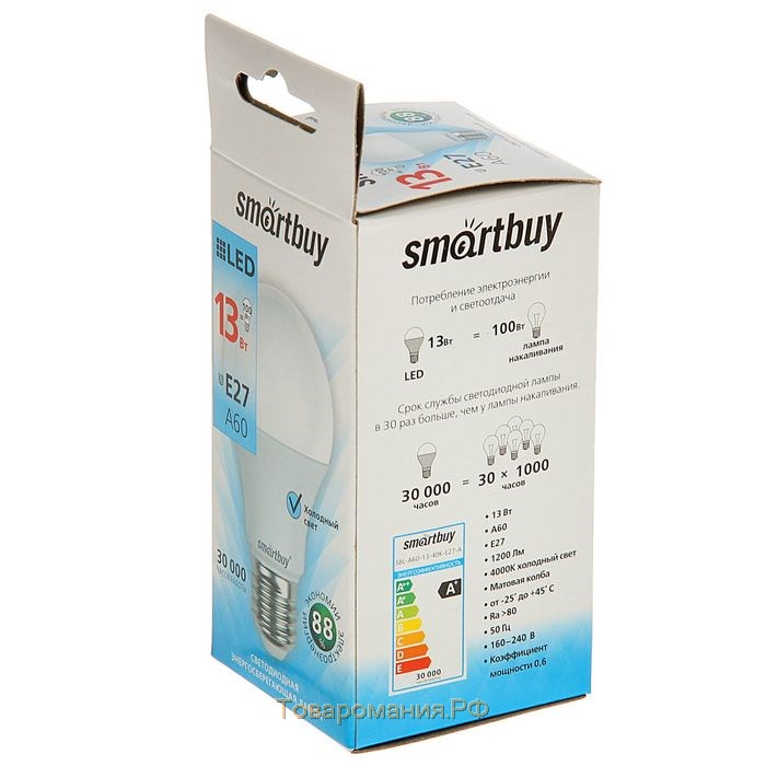 Лампа cветодиодная Smartbuy, E27, A60, 13 Вт, 4000 К, дневной белый свет