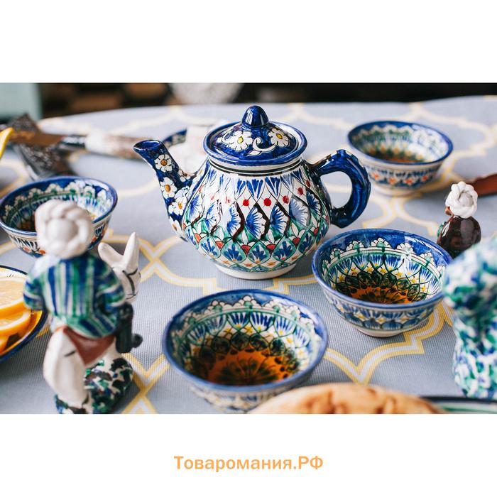 Набор чайный Шафран «Риштанская керамика», 9 предметов: чайник 800 мл, пиалы 6 шт. 200 мл, ляган, блюдце, разноцветный