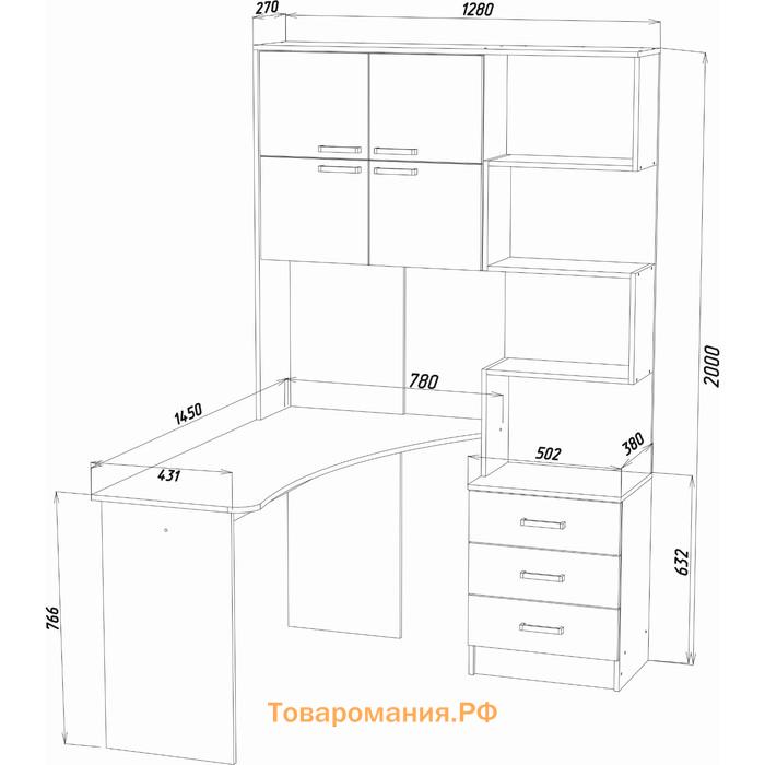 Стол компьютерный №1, левый, 1280×2000×1450 мм, цвет ясень шимо тёмный/светлый
