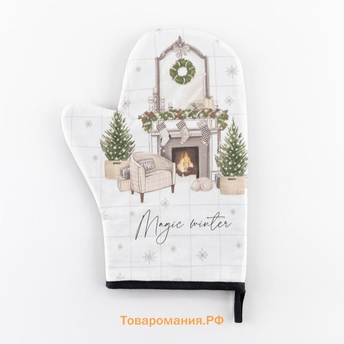 Новый год. Варежка-прихватка Magic winter 20х28см, саржа, 100% х/л, ватин 250г/м2