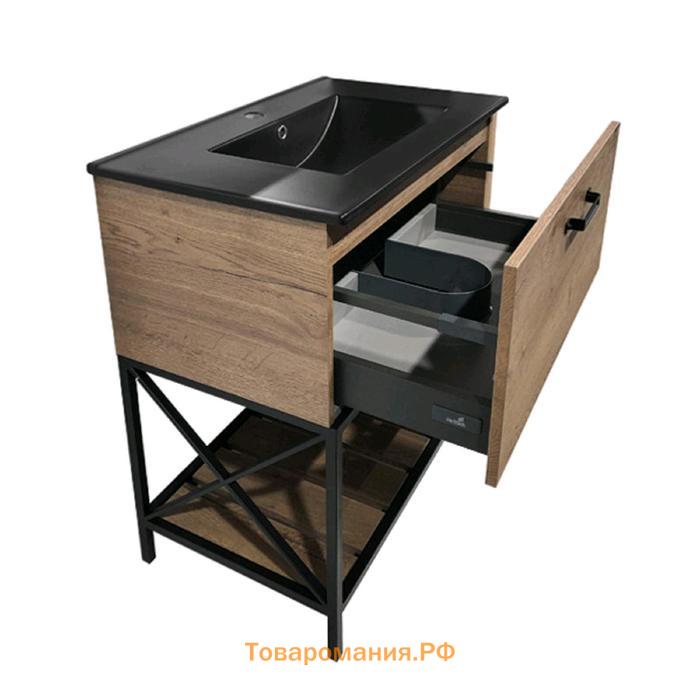 Тумба-умывальник COMFORTY «Бредфорд-75», дуб темный с раковиной COMFORTY 75E, черная матовая   51475
