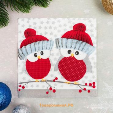 Салфетки новогодние бумажные «Совушки в шапочках», 33×33 см, набор 20 шт.