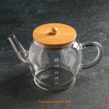 Чайник заварочный с бамбуковой крышкой «Эко. Бабл», 1.5 л, 26.5×14×16.5 см, металлический фильтр, стекло
