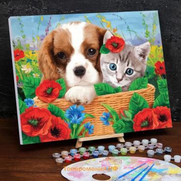 Картина по номерам на холсте с подрамником «Котенок и щенок», 40 х 50 см