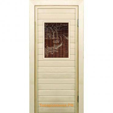 Дверь для бани со стеклом (40*60), "Банька у реки-1", бронза, 180×70см, коробка из осины