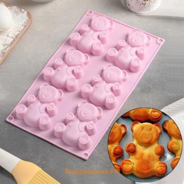 Форма для выпечки  «Животные. Мишка», силикон, 28.5×17 см, 6 ячеек (8.5×7 см), оранжевая