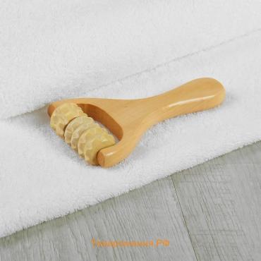 Массажёр роликовый, деревянный, с ручкой, универсальный, 14,5 × 8 × 3 см, 3 барабана