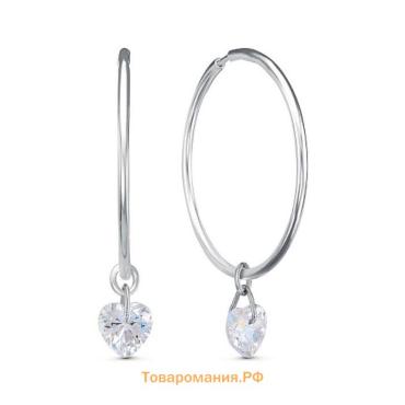 Серьги-кольца «Невесомость» сердце, посеребрение, белые, d=3.5