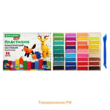 Пластилин 36цв 720г BRAUBERG KIDS, со стеком.ВЫСШЕЕ КАЧЕСТВО